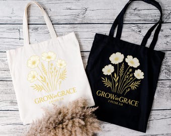Bolsa tote com versículos bíblicos Cresça na Graça, bolsa de lona com estampa floral das escrituras cristãs, presente religioso para mulheres