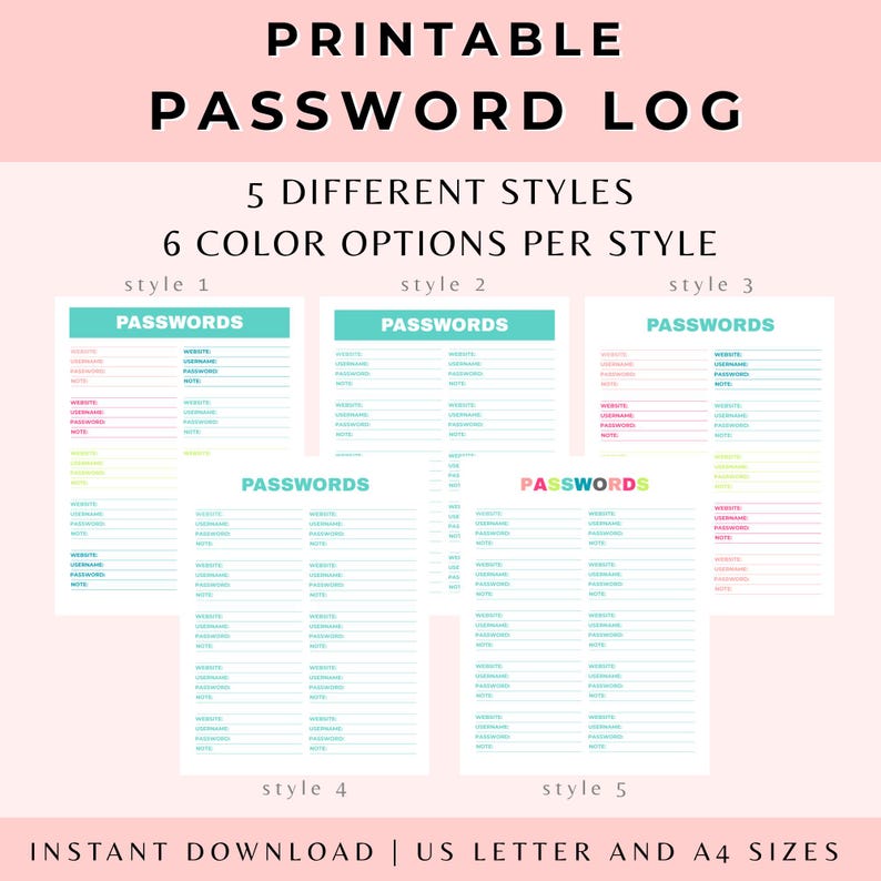 Colorful Password Log Printable, Letter & A4 Size Accounts Organizer ...