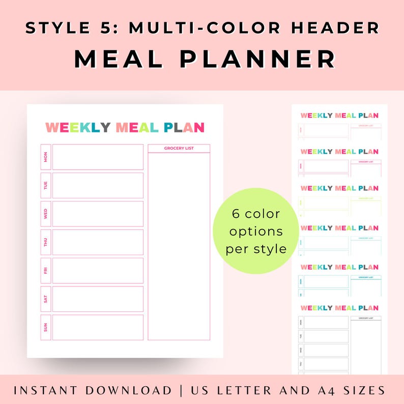 Colorful Weekly Meal Planner Printable, 31 Variations, US Letter & A4 ...
