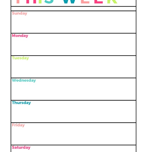 Bright Weekly Planner Printable, Week on 1 Page, Undated,Letter Size, Grid,Lined,Blank Style, Sunday and Monday Week Start, Instant Download