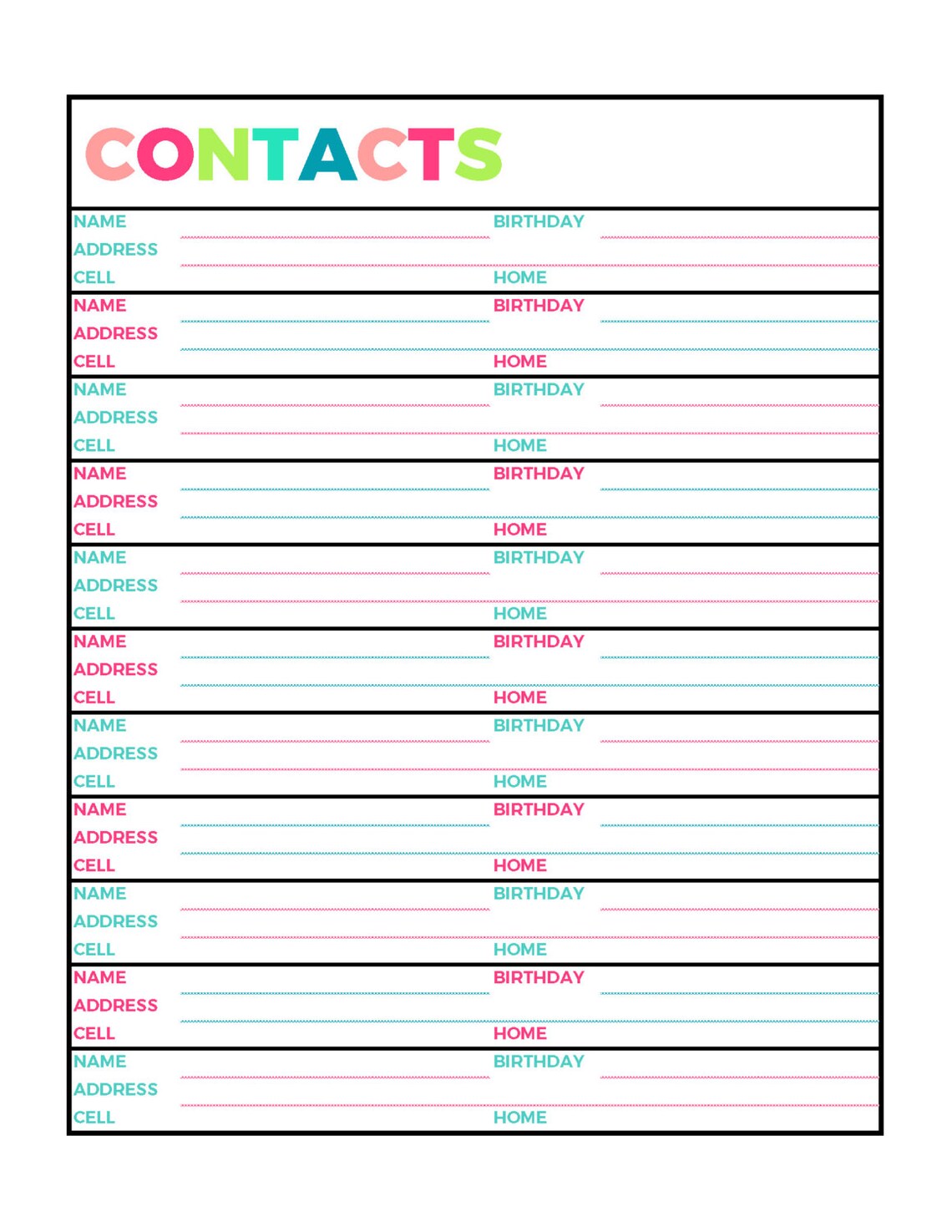 Bright Contacts Address Book Printable Page, Letter Size PDF, Home ...