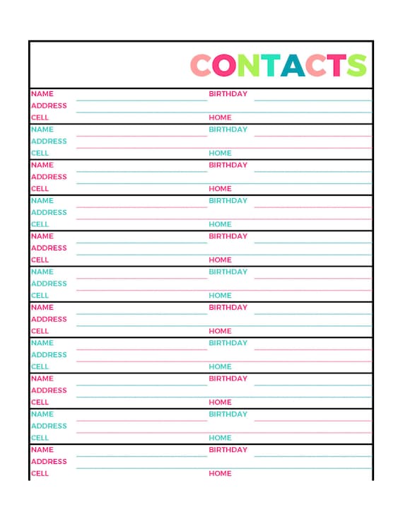 bright contacts address book printable page letter size pdf etsy