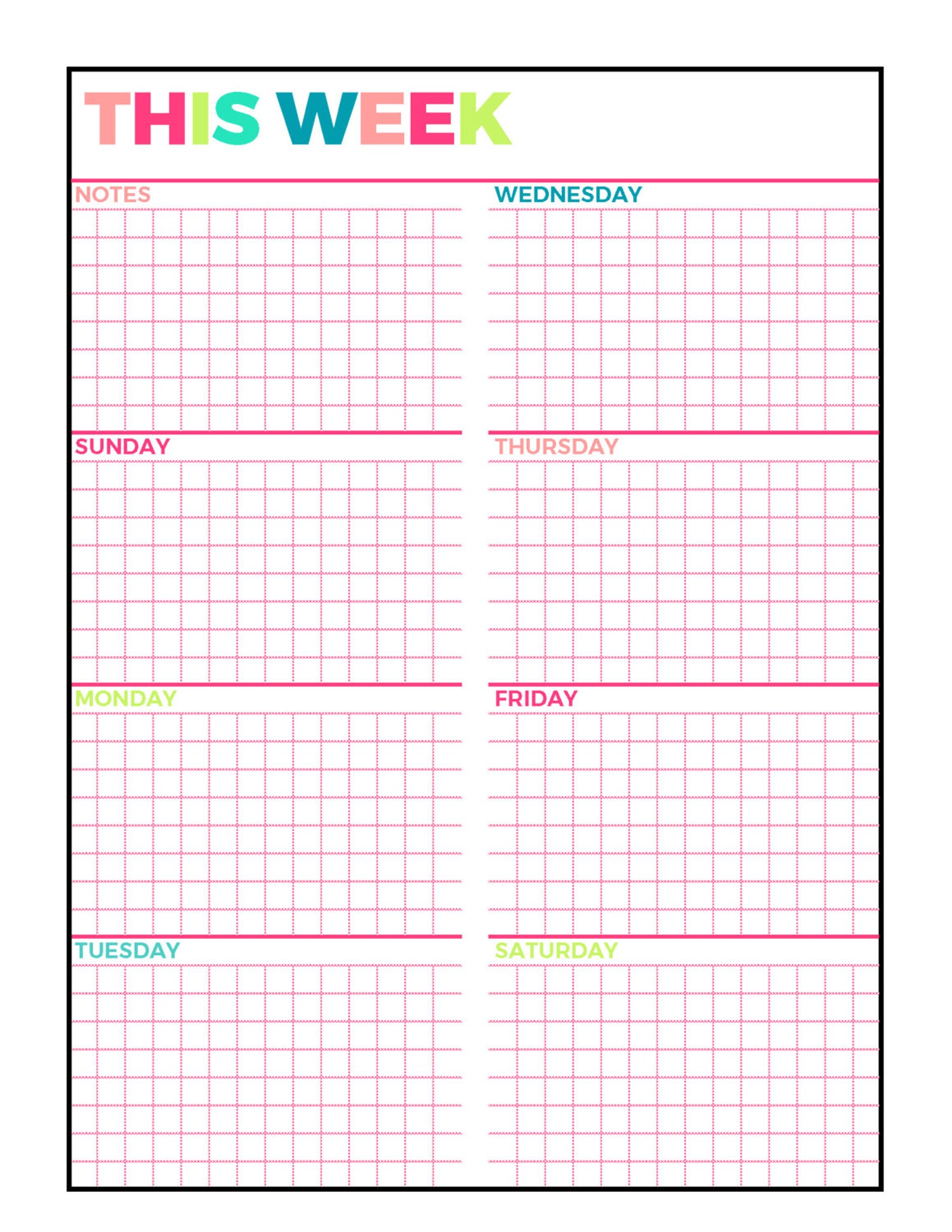 Bright Weekly Planner Printable, Week on 1 Page, Undated,letter Size ...