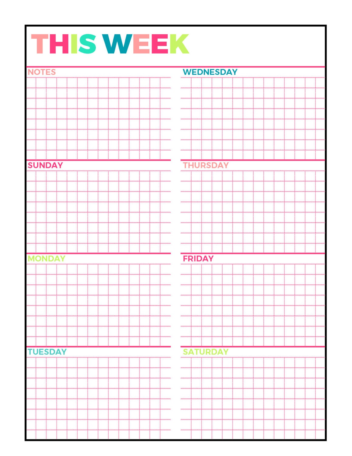 Bright Weekly Planner Printable, Week on 1 Page, Undated,letter Size ...