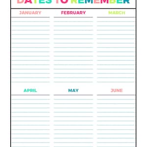 Bright Dates To Remember Printable Page, Letter Size PDF, Home Binder, Planner, Instant Download