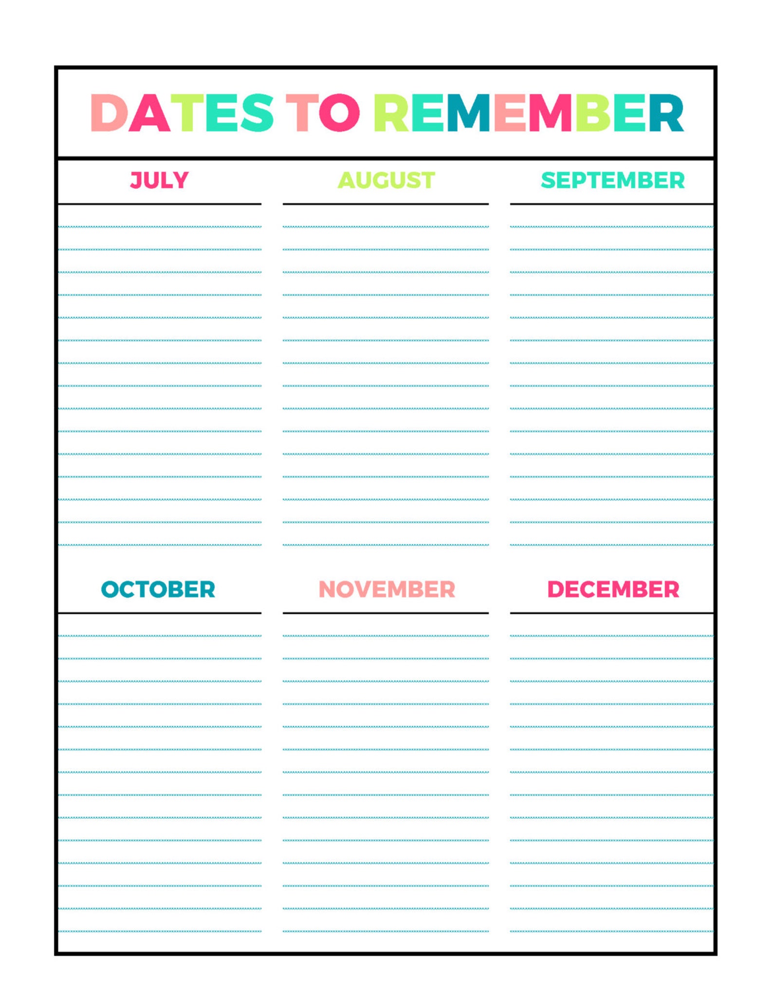 Bright Dates to Remember Printable Page, Letter Size PDF, Home Binder