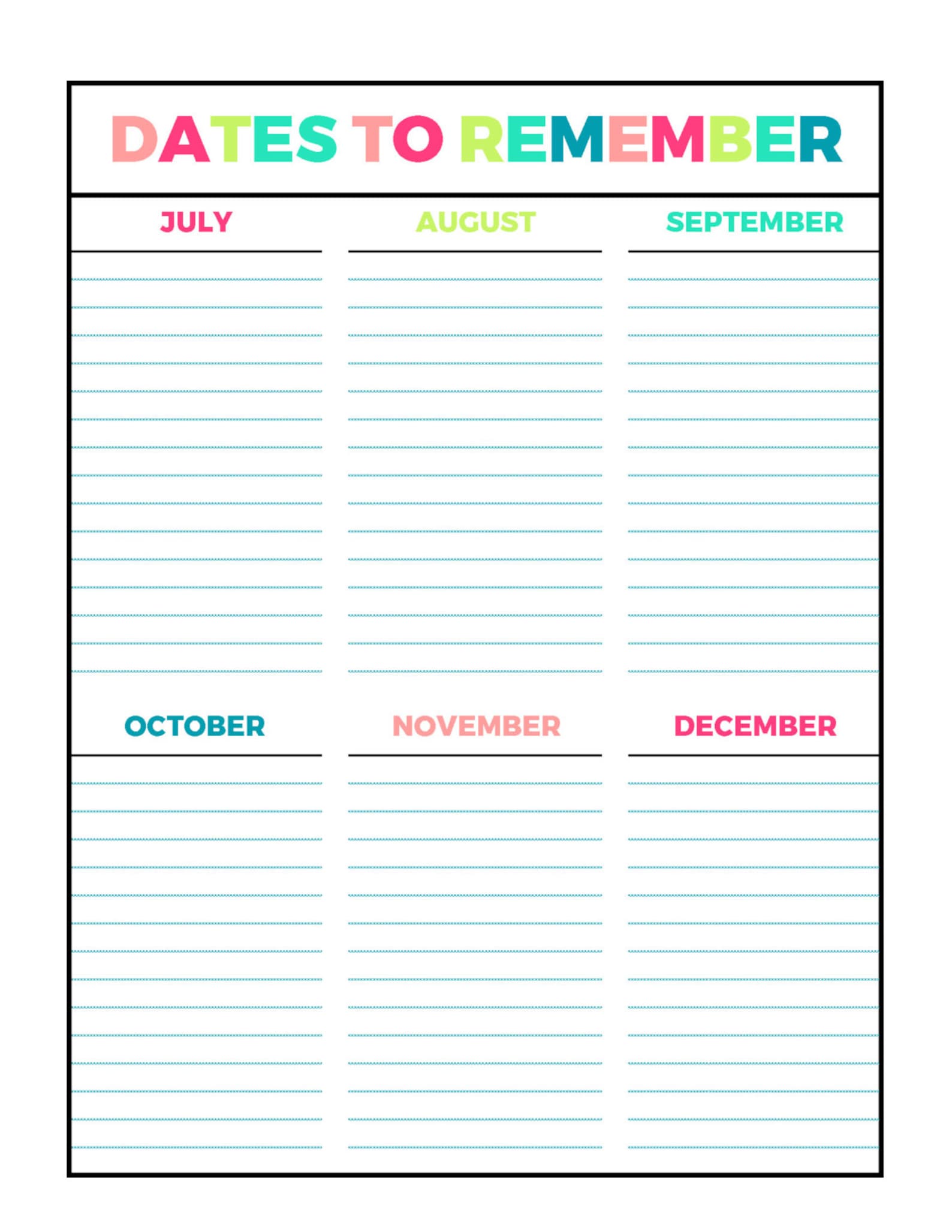 Bright Dates to Remember Printable Page, Letter Size PDF, Home Binder