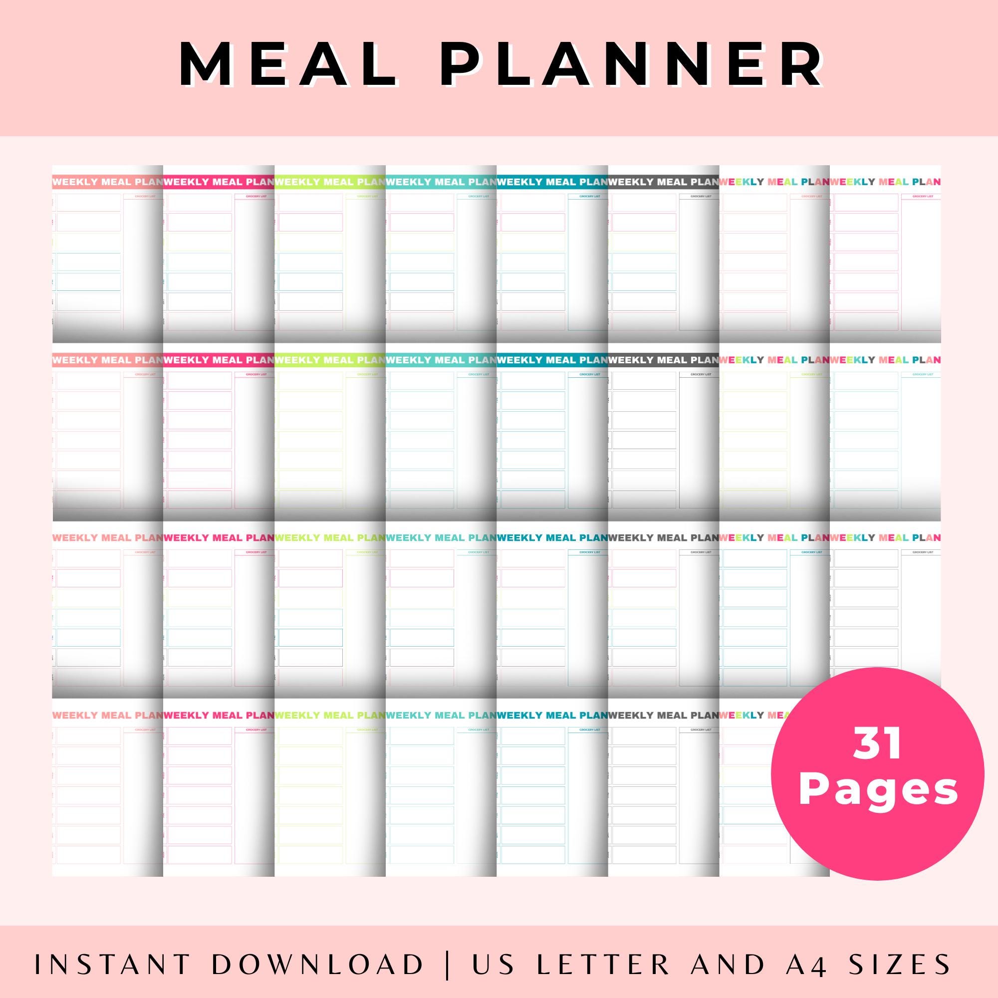 Colorful Weekly Meal Planner Printable, 31 Variations, US Letter & A4 ...