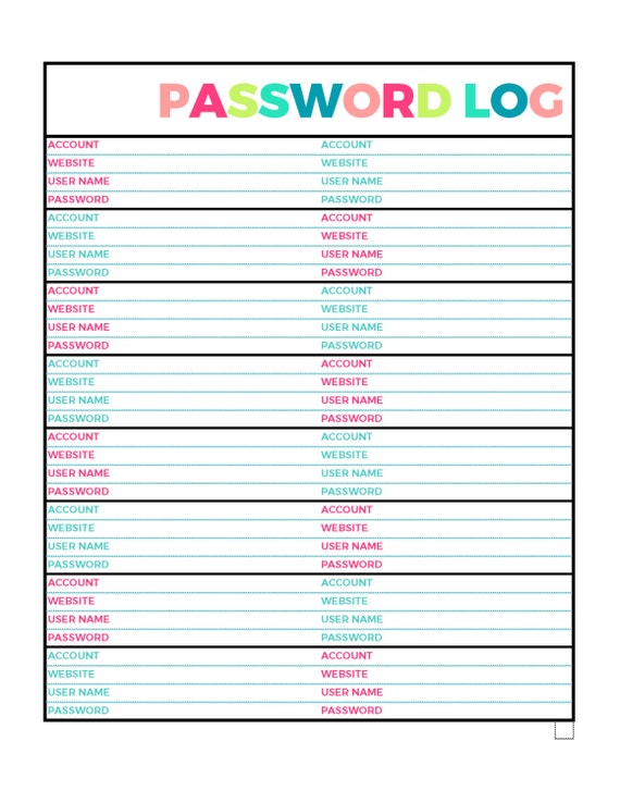 Bright Password Log Printable Page Letter Size PDF Home - Etsy