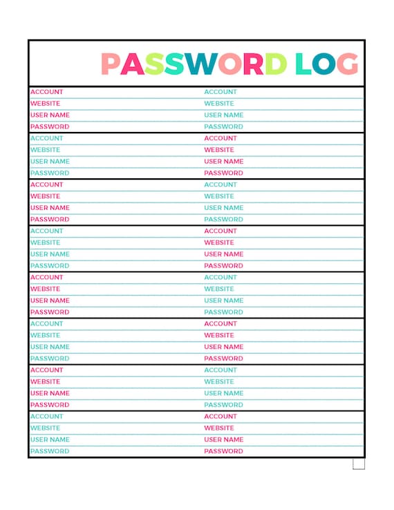 Bright Password Log Printable Page Letter Size PDF Home - Etsy