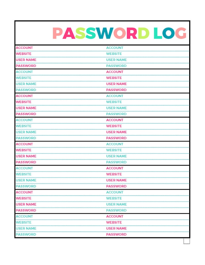 Bright Password Log Printable Page, Letter Size PDF, Home Binder ...