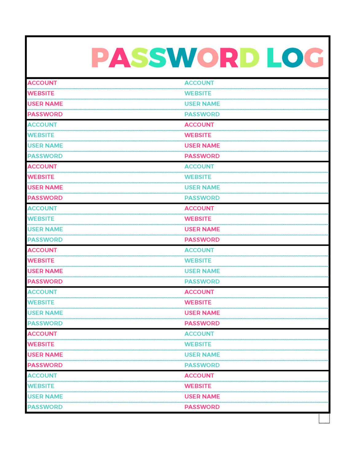 Bright Password Log Printable Page Letter Size PDF Home - Etsy UK