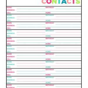 Bright Contacts Address Book Printable Page, Letter Size PDF, Home Binder, Planner, Instant Download