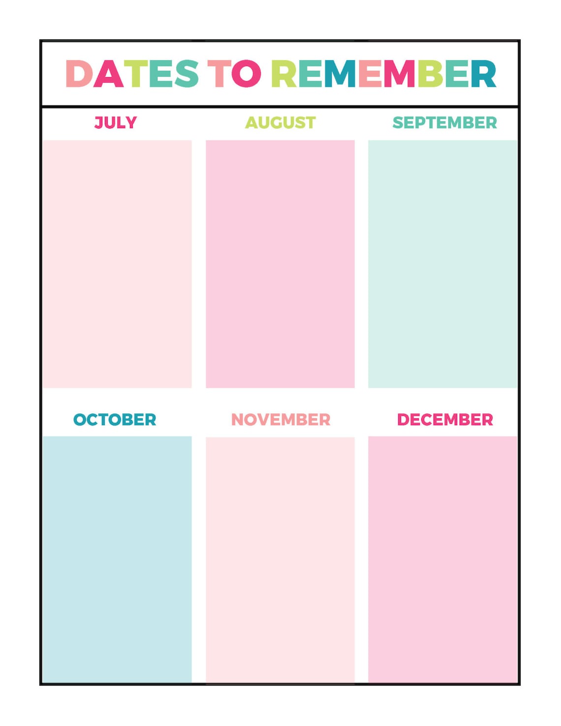 Dates Notepage Bright Dates to Remember Printable Page, Letter Size PDF, Home Binder ...