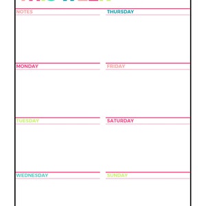Bright Weekly Planner Printable, Week on 1 Page, Undated,letter Size ...