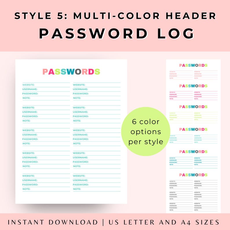 Colorful Password Log Printable, Letter & A4 Size Accounts Organizer ...