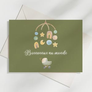 Lot de 10 cartes de souhaits vertes pour naissance, bébé, nouveau-né, famille avec enveloppes blanches. Cartes pour enfant, baby shower.