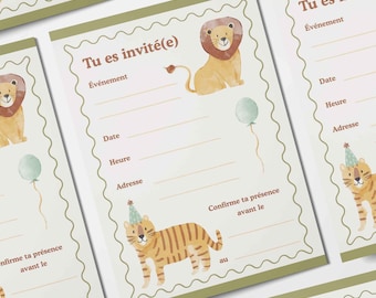 Invitation fête d'enfant Français à remplir - Paquet de 10 - Thème Lion et Tigre, Savane, Garçon et Filles