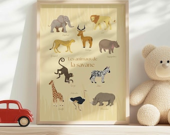 Affiche Éducative Animaux de la Savane Enfants, Français, Chambre d'enfant, bébé, neutre, garçon et fille, Poster mural, animaux, lion singe