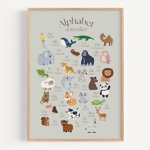 Affiche Français Alphabet Animalier Enfants, Chambre d'enfants ou bébé, neutre, garçon et fille. Abécédaire, Poster mural, tout-petit image 1