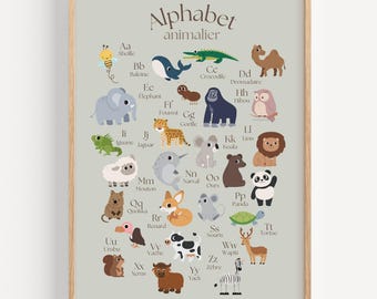 Affiche Français Alphabet Animalier Enfants, Chambre d'enfants ou bébé, neutre, garçon et fille. Abécédaire, Poster mural, tout-petit