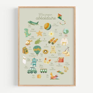 May include: A framed educational poster featuring the French alphabet, "Mon premier abécédaire," with colorful illustrations for each letter. Includes images of a plane, ball, dinosaur, star, flower, globe, and more. The poster is in a light green color.