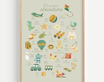 Affiche Alphabet Français Animalier Enfants, Chambre d'enfants ou bébé, neutre, garçon et fille. Abécédaire, Poster mural, turquoise