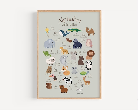 Affiche Français Alphabet Animalier Enfants, Chambre d'enfants ou bébé, neutre, garçon et fille. Abécédaire, Poster mural, tout-petit