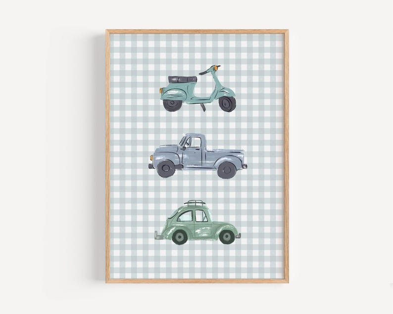 May include: Watercolor print of three vehicles: a teal scooter, a gray pickup truck, and a green car with a roof rack. The vehicles are set against a light blue and white gingham pattern background, framed in a light wood. A charming piece for a nursery or child's room.