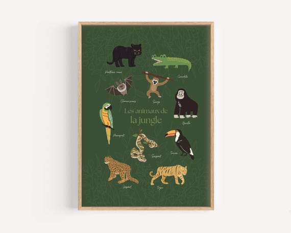Affiche Éducative Animaux de la Jungle Enfants, Français, Chambre d'enfant, bébé, neutre, garçon et fille Abécédaire, Poster mural, alphabet