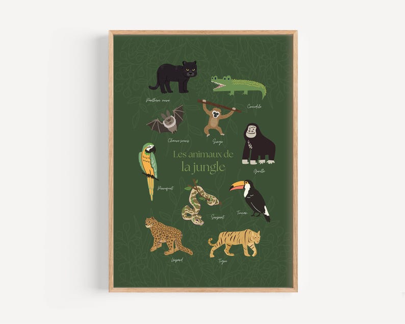 May include: A framed art print featuring a green background with illustrations of jungle animals, including a panther, crocodile, monkey, gorilla, parrot, snake, toucan, leopard, and tiger. The text "Les animaux de la jungle" is also included.