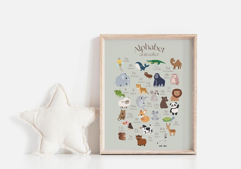 May include: A light green printable poster with the title "Alphabet Animals" and illustrations of animals from A to Z. Each animal is paired with its corresponding letter and a short name for the animal.