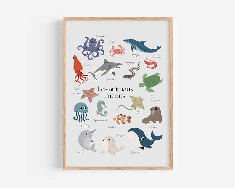 May include: A framed print featuring colorful illustrations of various sea creatures, including an octopus, crab, dolphin, and shark. The print has the French text "Les animaux marins" and is set against a light gray background.