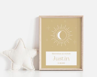 Affiche Prénom Enfants Soleil, Chambre d'enfant ou bébé, neutre, garçon et fille. Poster mural, tout-petit, jaune, minimaliste