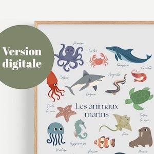Affiche animaux marins français pour enfants | Décoration chambre bébé à imprimer | Chambre Enfants | Poster éducatif PDF