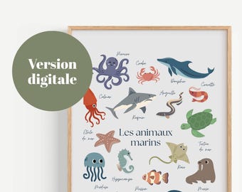Affiche animaux marins français pour enfants | Décoration chambre bébé à imprimer | Chambre Enfants | Poster éducatif PDF