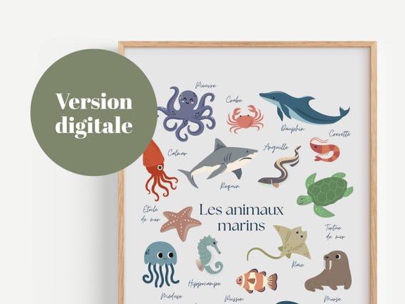 Affiche animaux marins français pour enfants | Décoration chambre bébé à imprimer | Chambre Enfants | Poster éducatif PDF