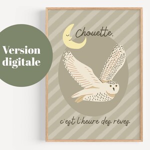 May include: A framed print featuring a flying owl illustration with a crescent moon. The text "Chouette" and "c'est l'heure des rêves" are displayed in a whimsical font. The owl is white with black spots and brown accents.