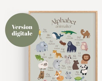 Affiche alphabet animalier français pour enfants | Abécédaire illustré | Décoration chambre bébé à imprimer | Poster éducatif PDF