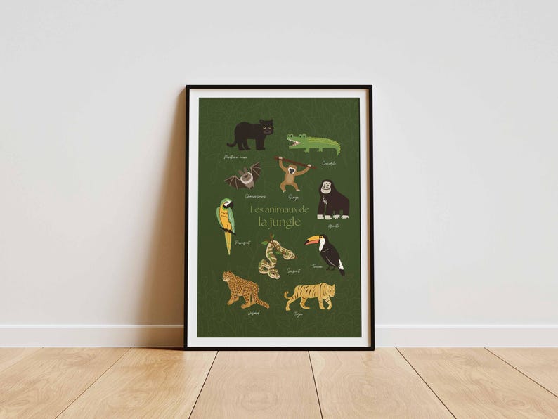 May include: Framed poster featuring jungle animals, including a black panther, crocodile, monkey, gorilla, parrot, snake, toucan, leopard, and tiger. The text "Les animaux de la jungle" is in the center. The poster is in a black frame.