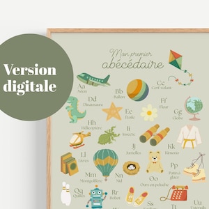 Affiche abécédaire français pour enfants | Abécédaire illustré alphabet A-Z | Décoration chambre bébé à imprimer | Poster éducatif PDF