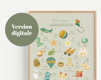 Affiche abécédaire français pour enfants | Abécédaire illustré alphabet A-Z | Décoration chambre bébé à imprimer | Poster éducatif PDF