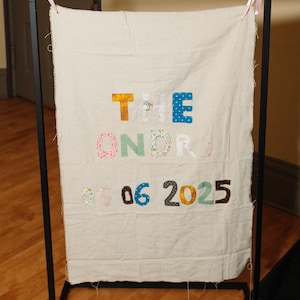 Custom Fabric Sign – Personalized Heirloom Banner with Name & Date – Handmade Wedding or Shower Decor with Custom Fabric, Ribbon Choices