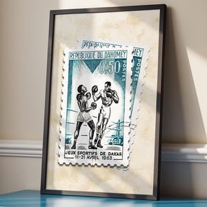 Afiche de sello postal de boxeador, impresión africana de 1963, arte de pared vintage imprimible, arte de gimnasio imprimible