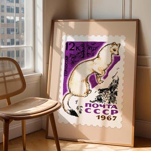 Polar Hermelin Dekoration Poster, Lila Trendige Wandkunst, Vintage Stempeldruck, Vintage Tier Kunstdruck