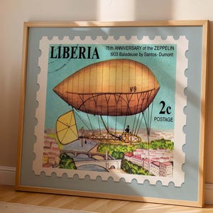 Arte mural de dirigibles Zeppelin de Liberia / Póster de guardería Zeppelin vintage / 75.° aniversario del Zeppelin / Póster imprimible para habitación de niño azul