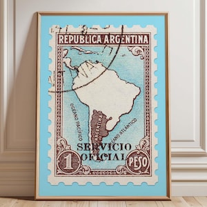 Druckbare Argentinien Karte Kunst | Blaues Briefmarken-Poster | Raumdekoration für Geographie-Liebhaber | Türkis | Geschenkidee für meinen Vater