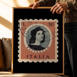 Póster de retrato de Rafael Sanzio (Rafael), impresión de arquitectos famosos, impresión artística de sello postal de Roma de Italia de 1974, arte de pared con retrato de estilo retro