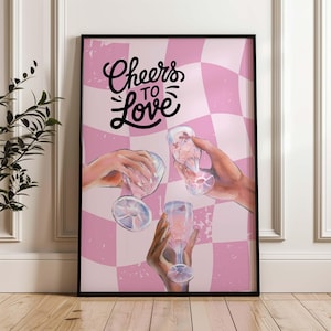 Proost op liefde print, roze alcohol kunst aan de muur, geruite afdrukbare poster, woorden liefde print, bar kar decor, girly muurkunst, leuke muurkunst
