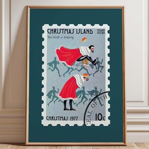 Impresión artística de la Isla de Navidad / Arte mural con sellos postales de Leaping Lords de 1977 / Póster de sellos antiguos / Opción de regalo elegante / Impresiones modernas de los años 70